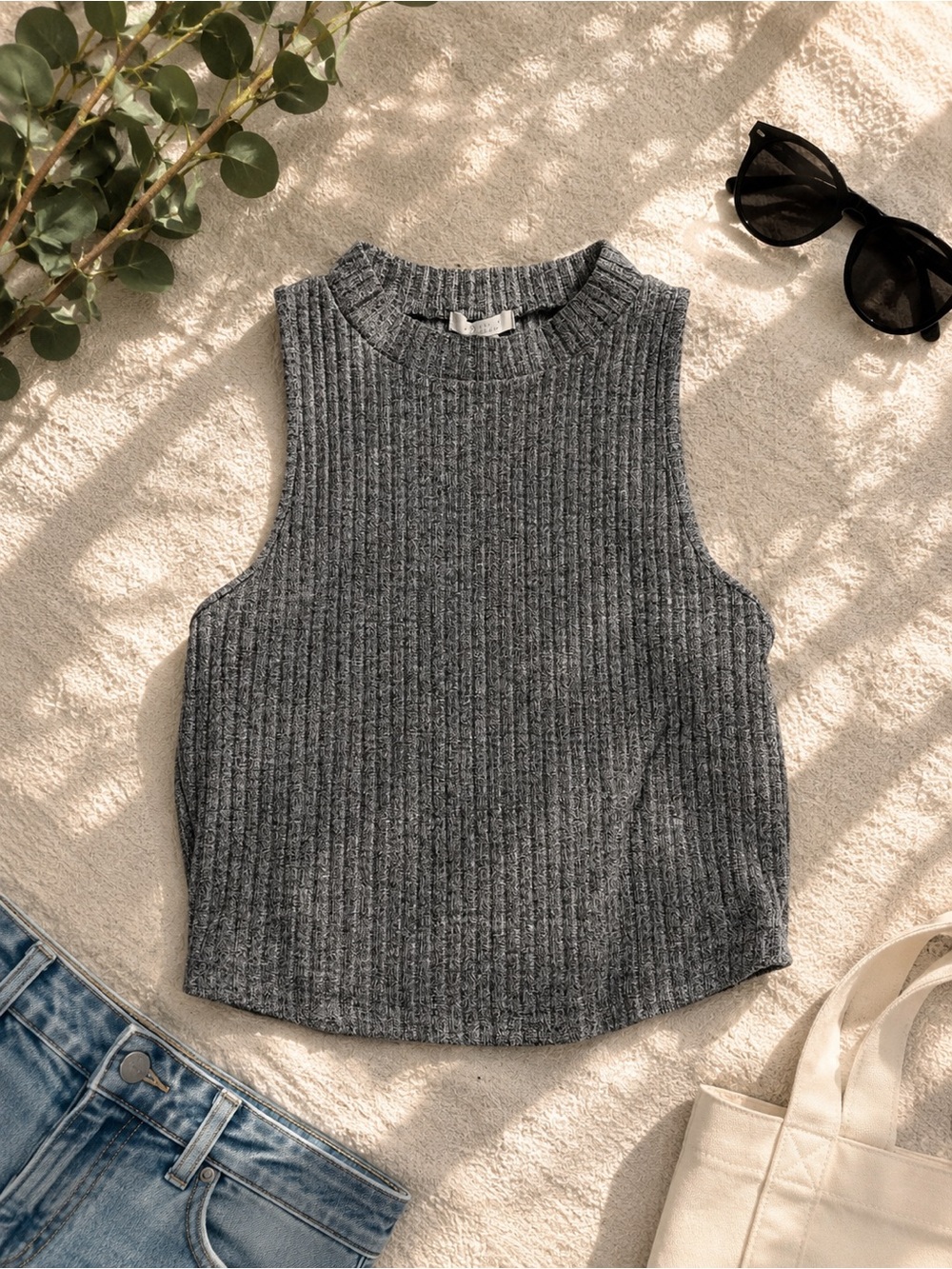 bozzolo gray ribbed high neck cropped tank top